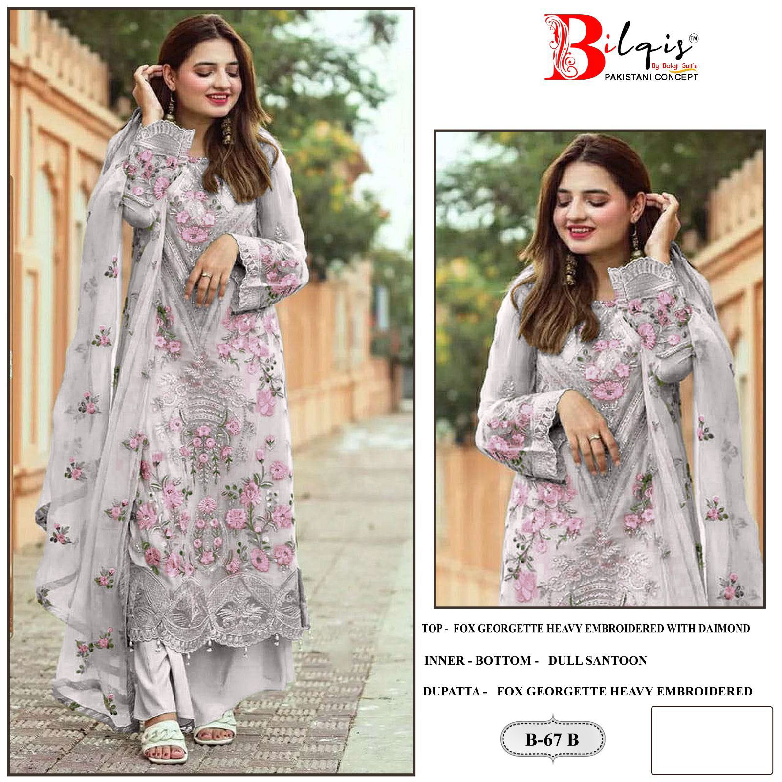 B 67 By Bilqis Embroidery Georgette Pakistani Suits Wholesale Market In Surat
